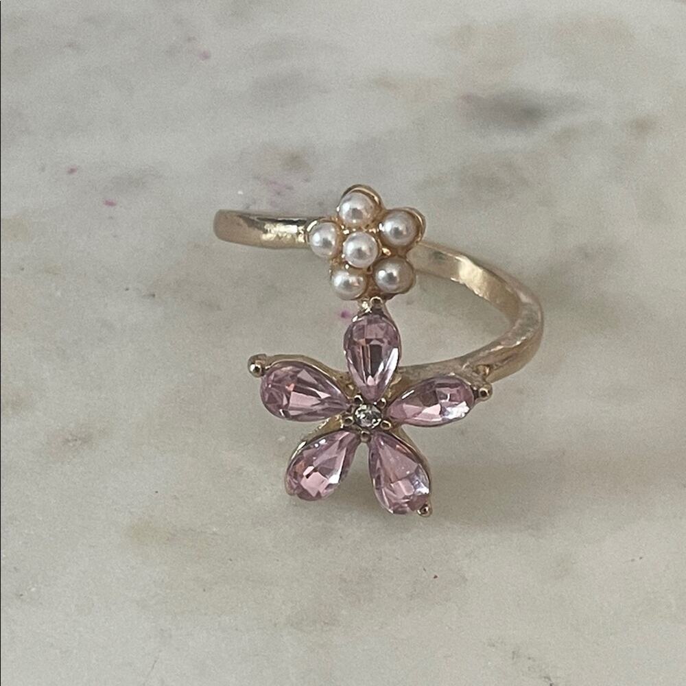 Elegant Pink and Pearl Flower Ring cz 6.5